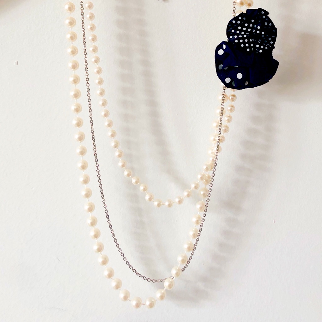 Layered Faux Pearl White Silver Chain Statement Necklace Navy Polka Dots Brooch